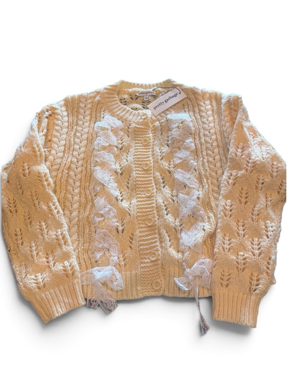 Pretty Garbage Butter Yellow Lace Ribbon Cable Knit Cardigan Sweater S NWT